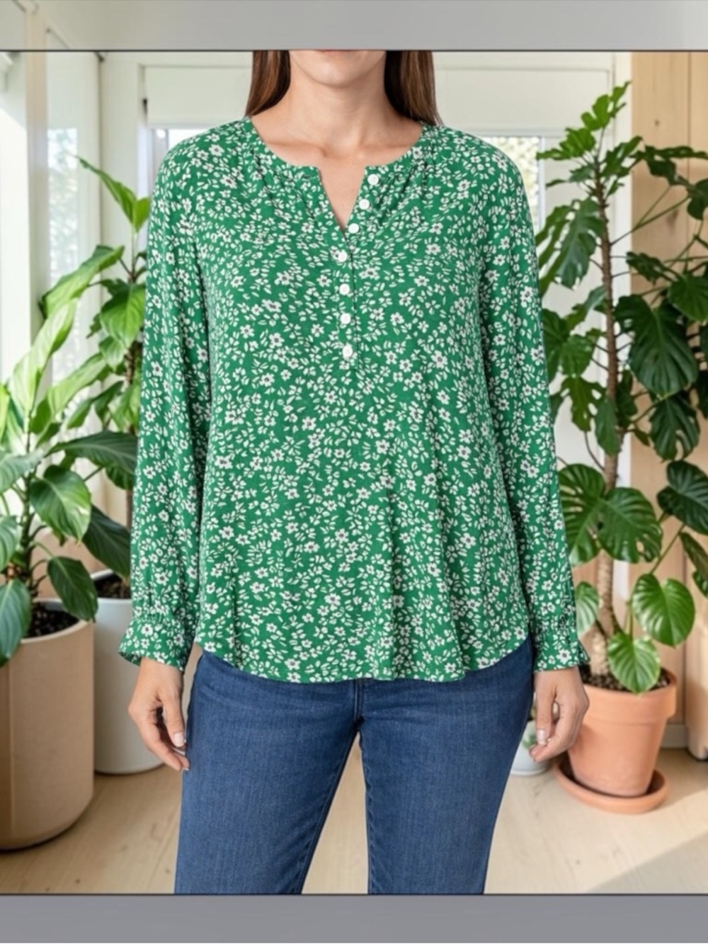J. Jill Ditsy Floral Print Popover Blouse Green Long Sleeve Office Flowy Sz S